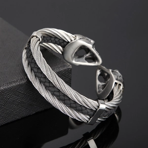 Men's skull steel wire and braided black leather bracelet with Gothic silver accents