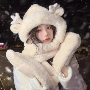 Chapeau Écharpe À Capuche Intégré Gants Masque Fausse Fourrure Peluche Hiver Chaud Oreille De Ours Pour Femmes Filles Enfants