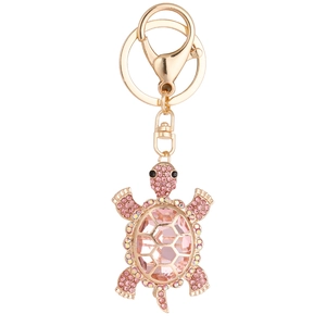 Pink rhinestone turtle keychain with sparkling crystal shell in rose gold finish