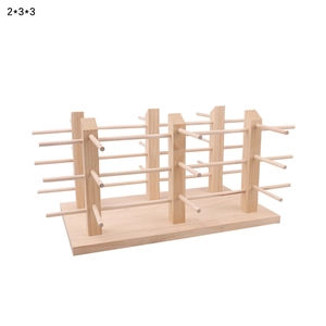 Detailed side view of wooden sunglasses display rack with multi-tier storage poles
