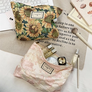 Detail of floral jacquard makeup bags showing large capacity for cosmetics storage