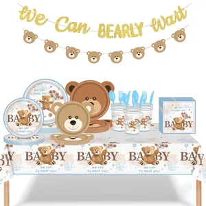 Teddy bear baby shower party set with plates, cups, napkins and blue cutlery kit