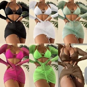 Sexy Women Bikini And Mesh Cover Up Long Sleeve Ruched Drawstring Beachwear Swimwear Solid Color Summer Vacation