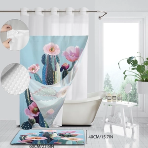 Detail of tropical cactus shower curtain and matching bath mat with dimensions 60x40cm