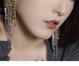 Detail of long gold and silver tassel earrings with multiple chains worn by a model
