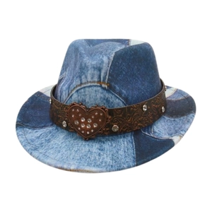 Kids ethnic style blue patchwork jazz hat with rhinestone heart buckle on brown leather band