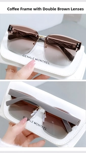 Detail view of coffee frame gradient sunglasses with a white textured leather storage case