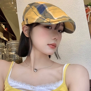 Béret vintage à carreaux jaunes et bleus pour femme, casquette plate rétro tendance