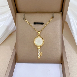 Gold Key Pendant Necklace Stainless Steel Chain With Copper Cubic Zirconia Mother Of Artificial Pearl Elegant Jewelry For Women