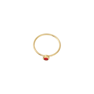 Detailed close-up of a minimalist gold ring featuring a brilliant round red birthstone