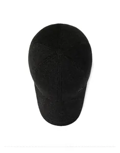 Top view of deep grey winter baseball cap with wool texture and six-panel design