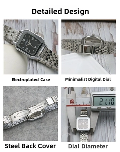 Detail view of square quartz watch with stainless steel band and 21.10mm dial size