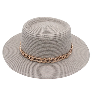 Elegant French style flat-top straw boater hat with a chic gold acrylic chain decoration.