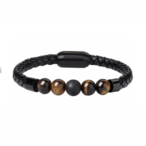Men's black braided leather bracelet with 8mm tiger eye beads and magnetic clasp