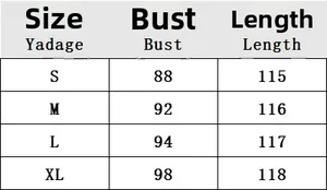 Size chart detail for V-neck maxi dress showing bust and length measurements in cm