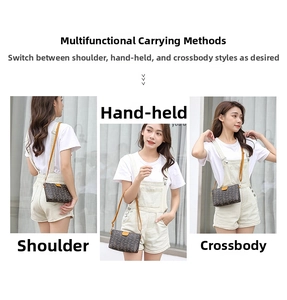 Three ways to wear this mini brown printed crossbody bag with adjustable yellow strap