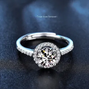 925 Sterling Silver Moissanite Ring For Women Classic Round Cut Halo Adjustable Sparkling Engagement Wedding Finger Ring Jewelry
