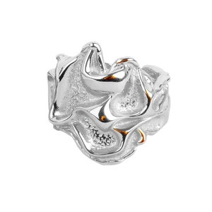 Minimalist silver ring with irregular wave texture and artistic molten metal design