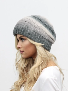 Detailed side view of winter knit beanie showing grey gradient texture and warm yarn