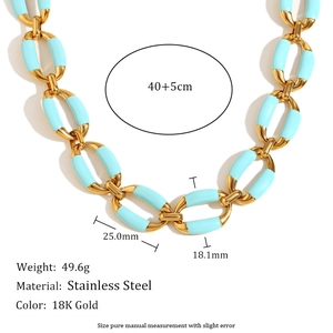 18K gold plated stainless steel chunky chain necklace with sky blue enamel links