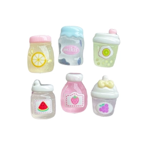 Set of 6 mini colorful resin juice bottles with fruit patterns for DIY crafts decor