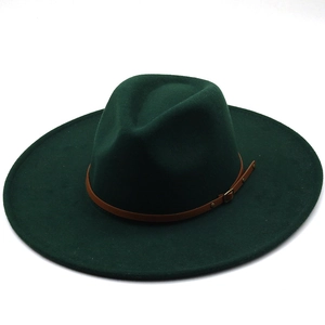 Classic dark green wool felt wide brim fedora hat with a brown leather belt band