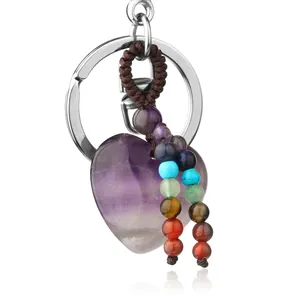 Handmade heart-shaped amethyst crystal keychain with colorful chakra beads and woven rope