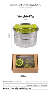 6-piece stainless steel cookie cutter set with green ABS handles and sizing dimensions