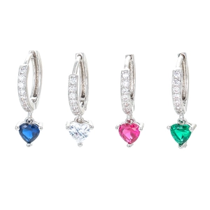Colorful heart-shaped zircon drop earrings in sapphire blue, pink, and emerald silver settings