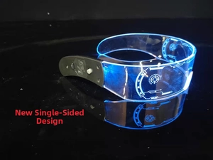 Detailed view of futuristic blue LED party glasses with HUD patterns on clear acrylic