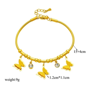 Golden butterfly beaded chain bracelet with crystal accents and 15+4cm adjustable length