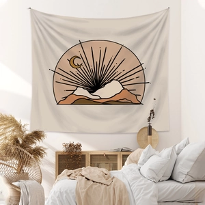 Detailed view of Boho wall tapestry featuring sun and moon patterns in a bedroom setting