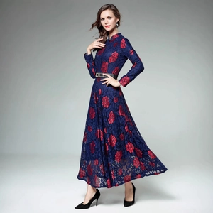 Navy blue lace maxi dress with red floral embroidery and stand collar design