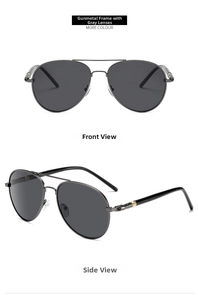 Front and side view of classic gunmetal aviator sunglasses with polarized grey lenses
