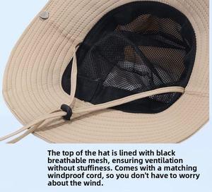 Detail of breathable mesh lining and windproof drawstring on the beige outdoor hat