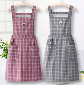 Pink and gray checkered cotton aprons with cute bear embroidery and dual front pockets