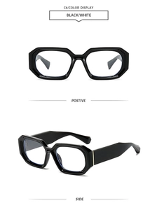 Detail view of stylish square black frame sunglasses with smooth polished finish