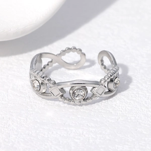 Silver adjustable stainless steel open ring with wave texture and clear zircon stones