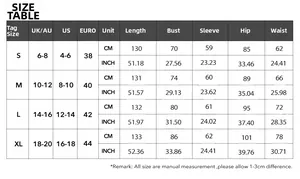 Detailed size chart for off-shoulder long sleeve mesh dress with measurements in cm and inches