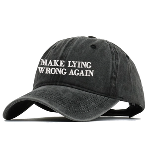 Washed dark grey cotton baseball cap with Make Lying Wrong Again white embroidery