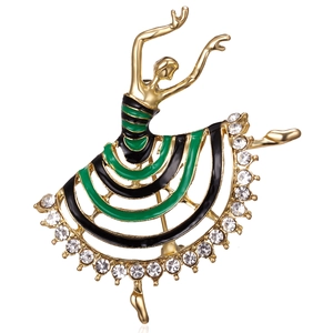 Detail of ballet dancer brooch with gold plating, enamel skirt and sparkling rhinestones