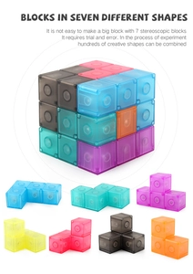 Detailed view showing 7 pieces of transparent colorful magnetic blocks and cube assembly