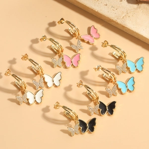 Copper Butterfly Drop Earrings With Zirconia And Enamel Fashion Double Layer Dainty Hoop Earrings For Women Jewelry Gift