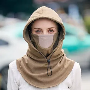 Brown thermal cycling hood mask with breathable mesh and adjustable drawstrings for winter