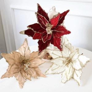 Artificial Christmas Flowers Velvet Glitter Poinsettia For Christmas Tree Holiday Home Decoration Party Supplies Ornament