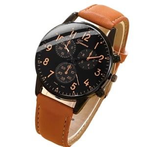 Business quartz watch with brown leather strap and black dial for men fashion