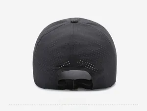 Back view of black quick-dry mesh cap with breathable holes and adjustable plastic buckle