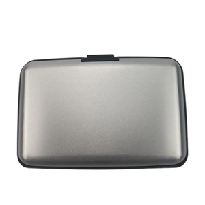 Sleek silver aluminum RFID blocking card wallet with secure black latch closure