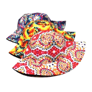 Three colorful 3D tie-dye bucket hats with foldable double-sided design for sun protection