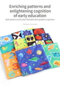 Detail of colorful fabric flashcards featuring animals and numbers for early baby education
